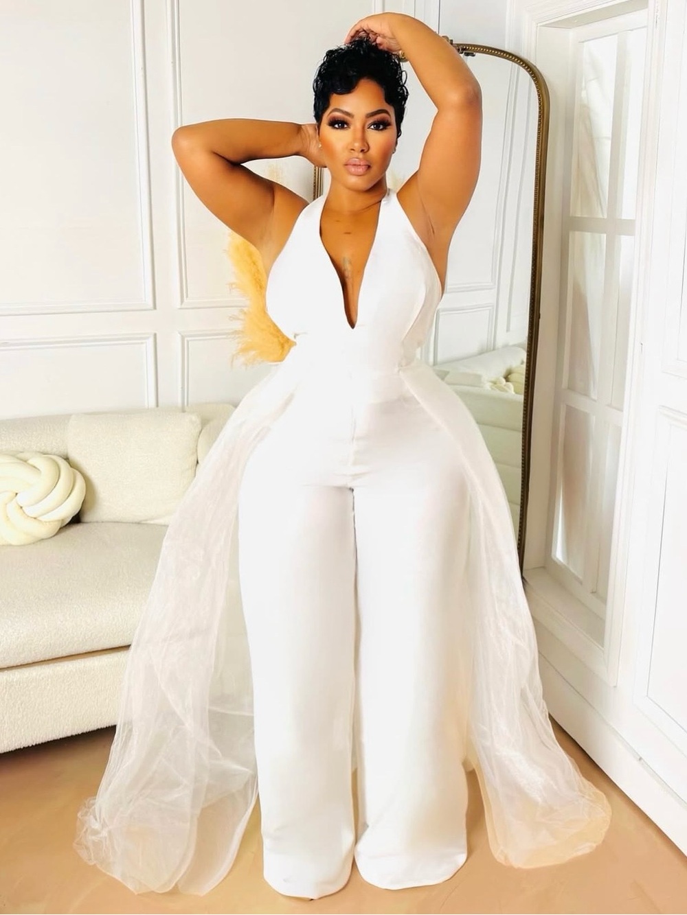 White Halter Wide-Leg Jumpsuit with Sheer Draped Panels